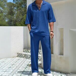 Men's Royal Blue Johnny Collar Half Sleeve Top & Pants Resort Outfit